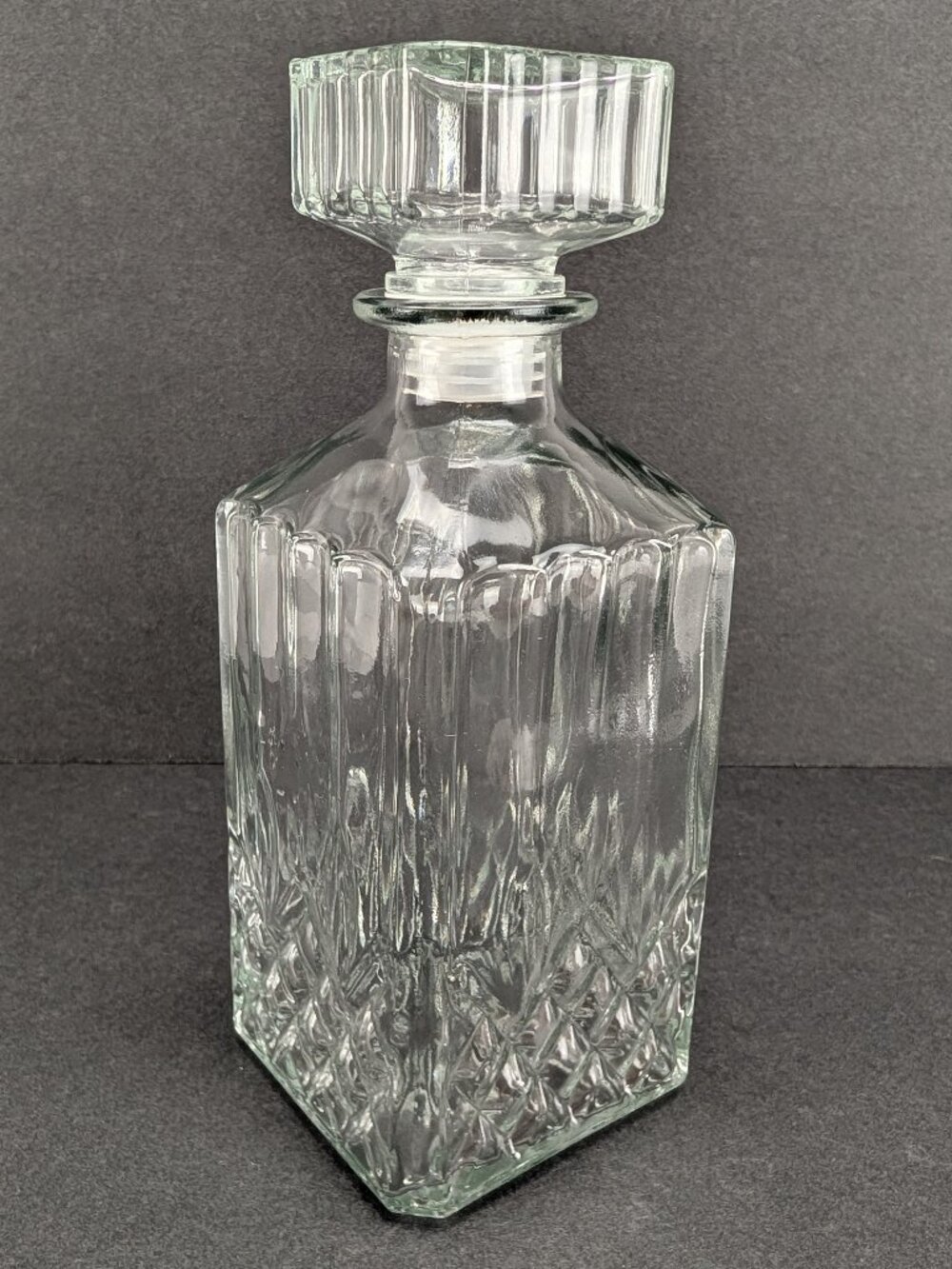 Vintage Decanter Clear Cut Glass with Stopper Square Barware 9.25" Tall Bar Dots